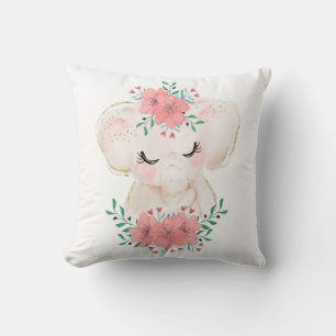 Watercolor Elephant with Florals Throw Pillow