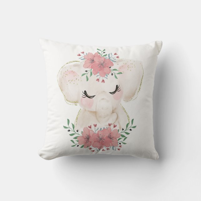 Watercolor Elephant with Florals Throw Pillow (Front)