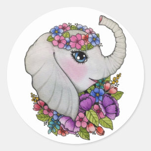 Watercolor Elephant With Wild Flowers Classic Round Sticker