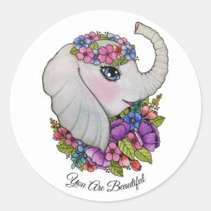Watercolor Elephant With Wild Flowers Classic Round Sticker