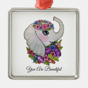 Watercolor Elephant With Wild Flowers Metal Ornament