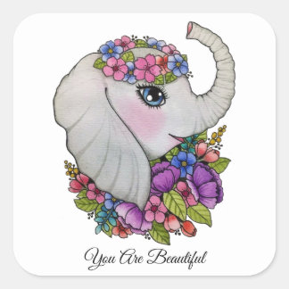 Watercolor Elephant With Wild Flowers Square Sticker