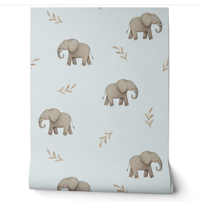 Watercolor Elephants Dusty Blue Nursery Pattern Wallpaper (Unrolling)