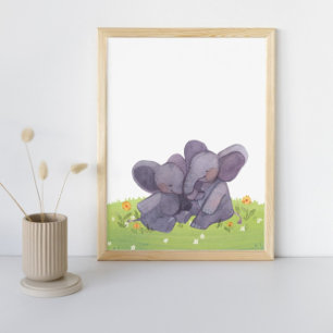 Watercolor Elephants Flowers And Grass Nursery  Poster