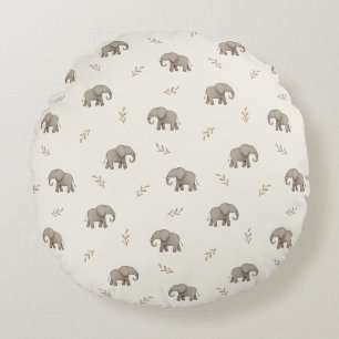 Watercolor Elephants Neutral Nursery Pattern Round Cushion