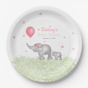 Watercolor Elephants & Pink Heart Baby Girl Shower Paper Plate