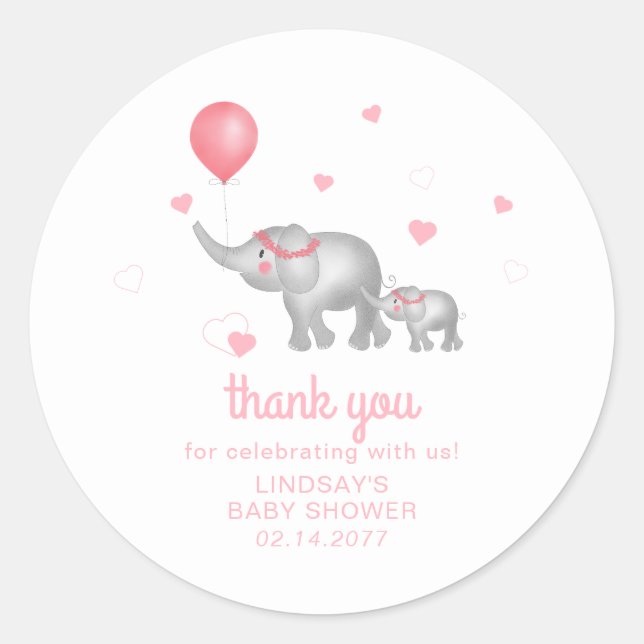 Watercolor Elephants & Pink Hearts Thank You Classic Round Sticker (Front)
