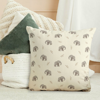 Watercolor Elephants Yellow Nursery Pattern Cushion