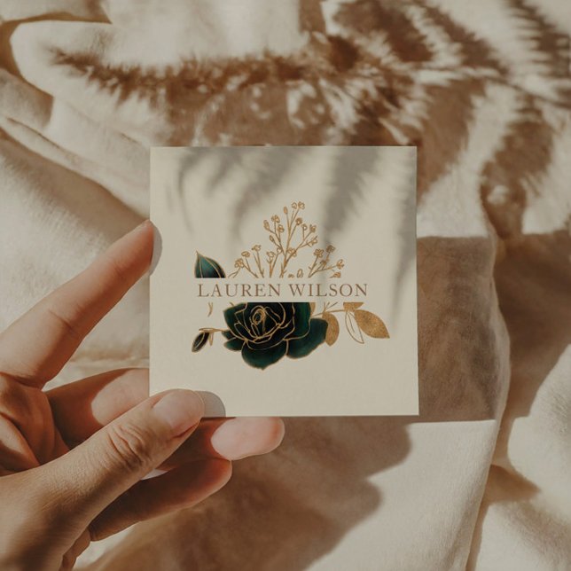Watercolor Emerald Gold Elegant Floral Square Business Card (Creator Uploaded)