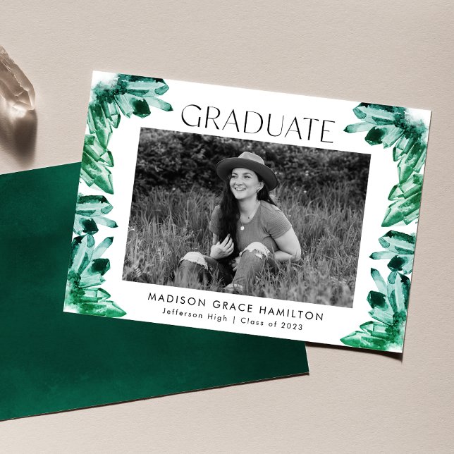 Watercolor Emerald Green Crystal Photo Graduation Announcement (Creator Uploaded)