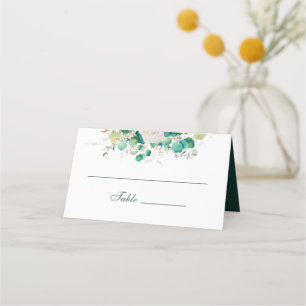 Watercolor Emerald Green Eucalyptus White Roses Place Card