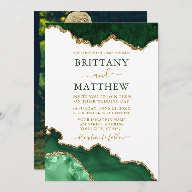 Watercolor Emerald Green Marble Gold Photo Wedding Invitation (Front/Back)