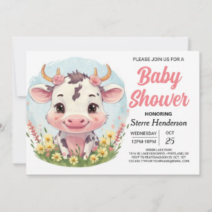 Watercolor Enchanted Cute Cow Baby Shower Invitation