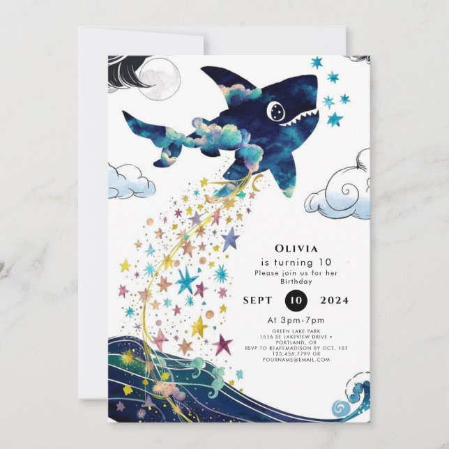 Watercolor Enchanted Deepsea Shark Birthday Invitation (Front)
