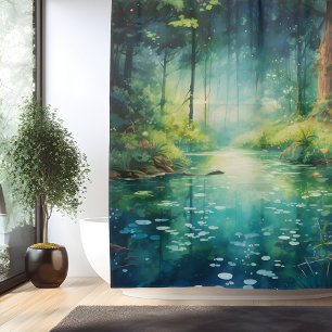 Watercolor Enchanted Forest Lake Shower Curtain