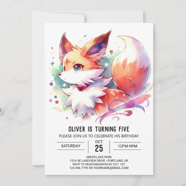 Watercolor Enchanted Fox Birthday Invitation (Front)