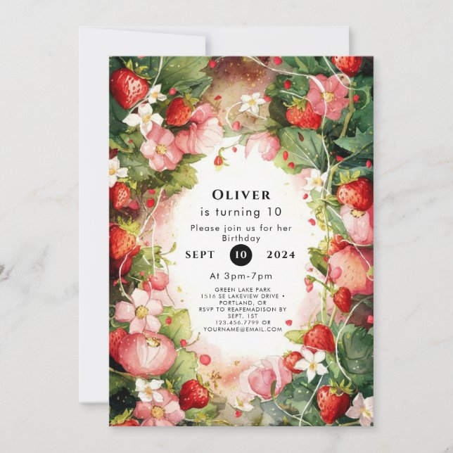 Watercolor Enchanted Simple Strawberry Birthday Invitation (Front)