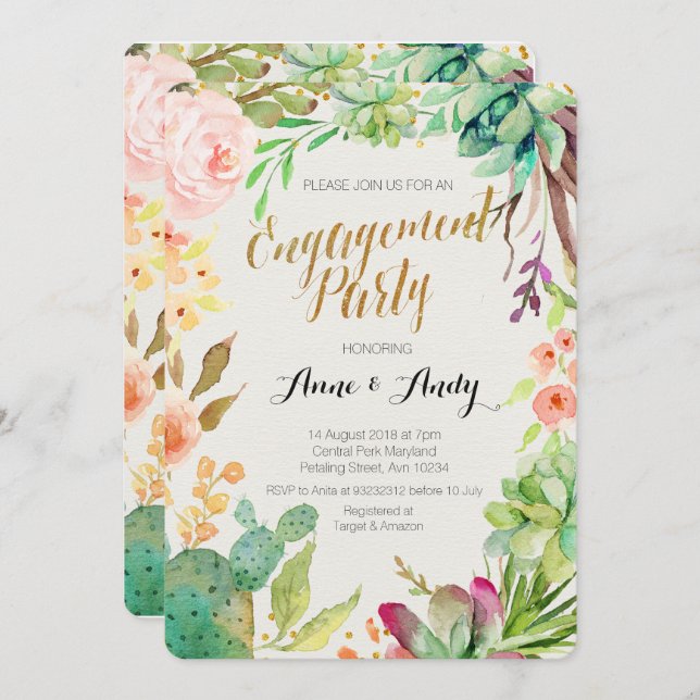 Watercolor Engagement Party invite Boho Succulents (Front/Back)