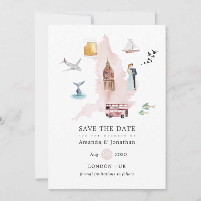 Watercolor England United Kingdom Wedding Save The Date (Front)