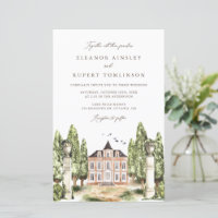 Watercolor English Manor House Wedding Invitation