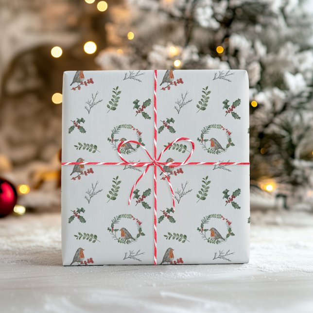 Watercolor English Robin Christmas Holiday Gift Wrapping Paper (Creator Uploaded)