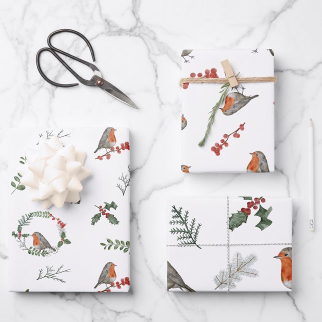Watercolor English Robin Christmas Holiday Gift Wrapping Paper Sheet (Front)