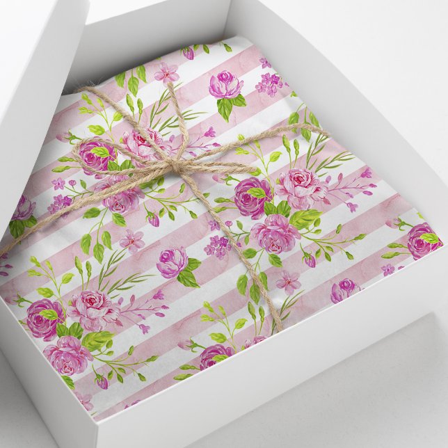 Watercolor English Roses Pink White Stripes Tissue Paper (Creator Uploaded)