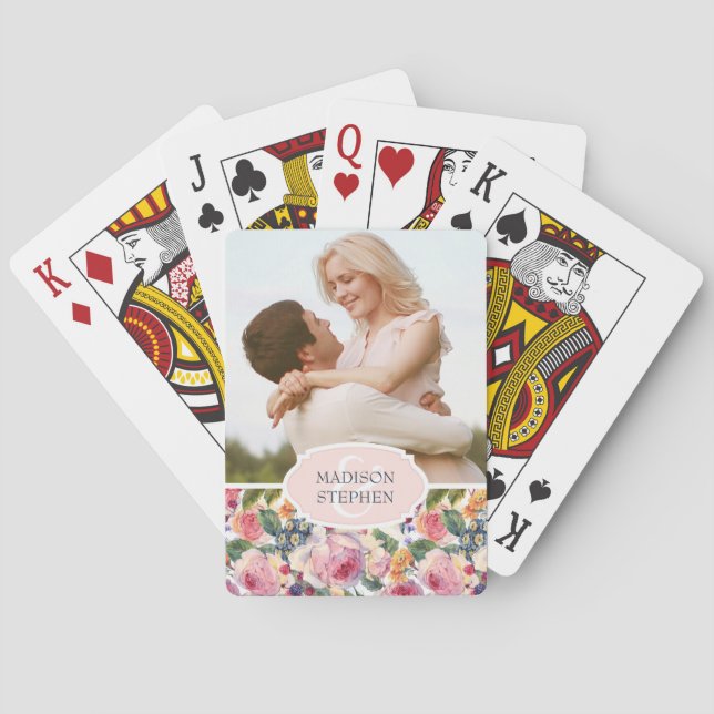 Watercolor | English Roses - Wedding Photo Playing Cards (Back)