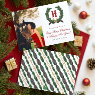 Watercolor Equestrian Laurel Wreath Monogram Photo Holiday Card