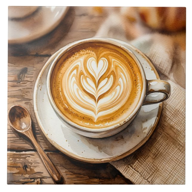 Watercolor Espresso Cup Cosy Latte Art Ceramic Tile (Front)