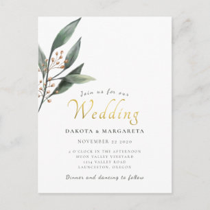Watercolor eucalypt leaf gold script wedding postcard