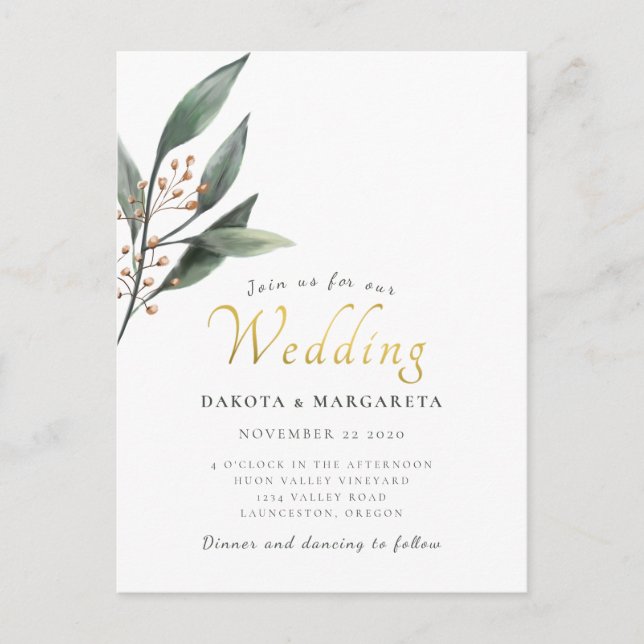 Watercolor eucalypt leaf gold script wedding postcard (Front)