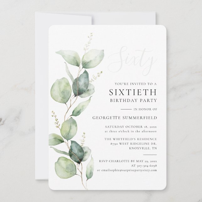 Watercolor Eucalyptus 60th Birthday Invitation (Front)