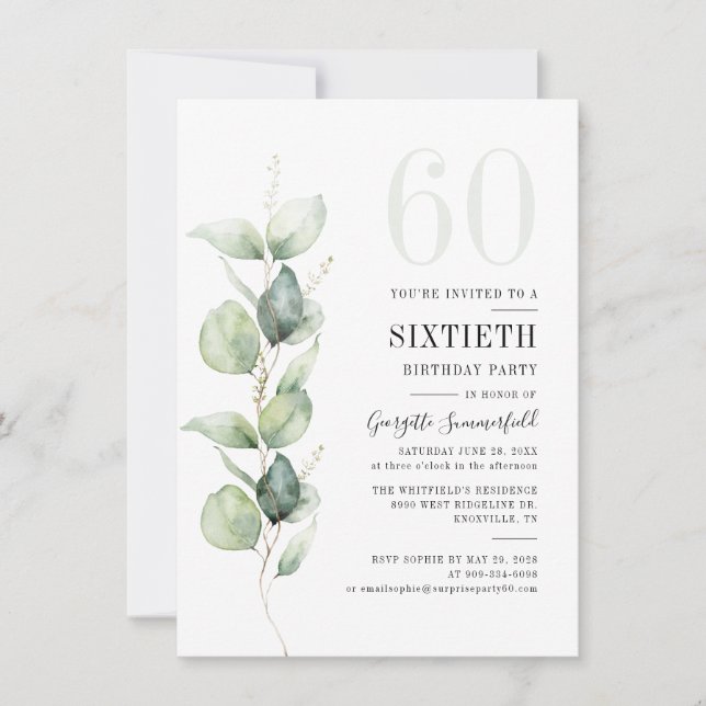 Watercolor Eucalyptus 60th Birthday Party Invitation (Front)