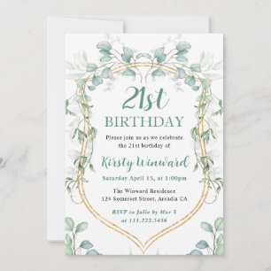Watercolor Eucalyptus and Gold Frame 21st Birthday Invitation
