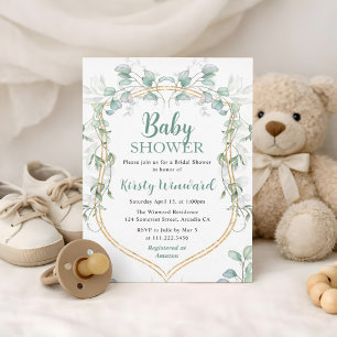 Watercolor Eucalyptus and Gold Frame Baby Shower Invitation