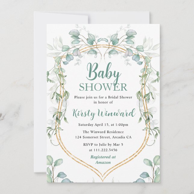 Watercolor Eucalyptus and Gold Frame Baby Shower Invitation (Front)