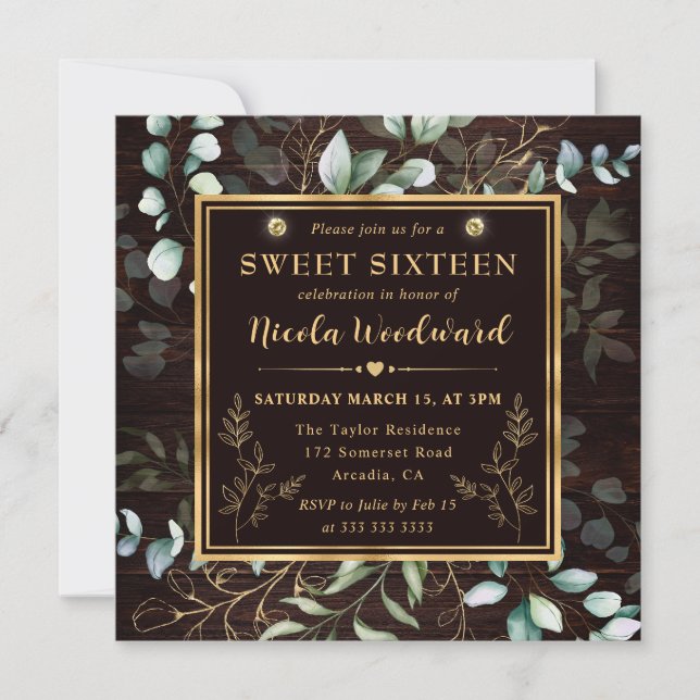 Watercolor Eucalyptus and gold frame Sweet 16 Invitation (Front)