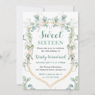 Watercolor Eucalyptus and Gold Frame Sweet 16 Invitation