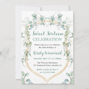 Watercolor Eucalyptus and Gold Frame Sweet 16 Invitation
