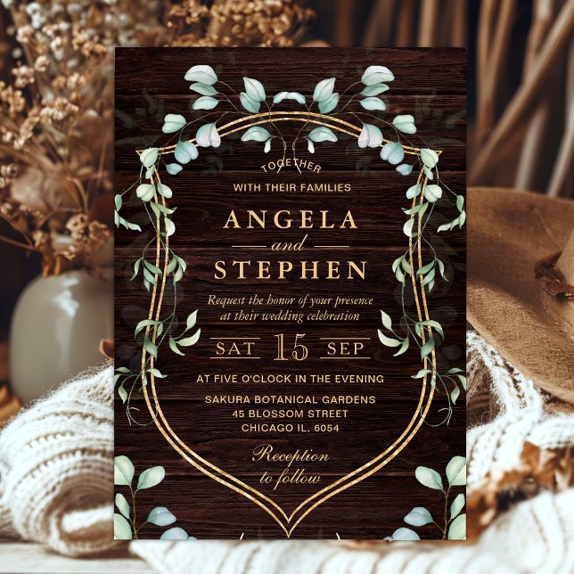 Watercolor Eucalyptus and Gold Frame Wedding Invitation (Creator Uploaded)
