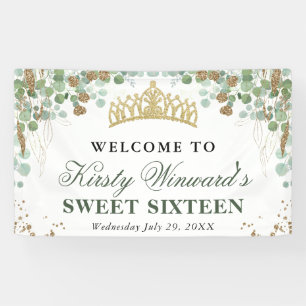 Watercolor Eucalyptus and Gold Glitter Sweet 16 Banner
