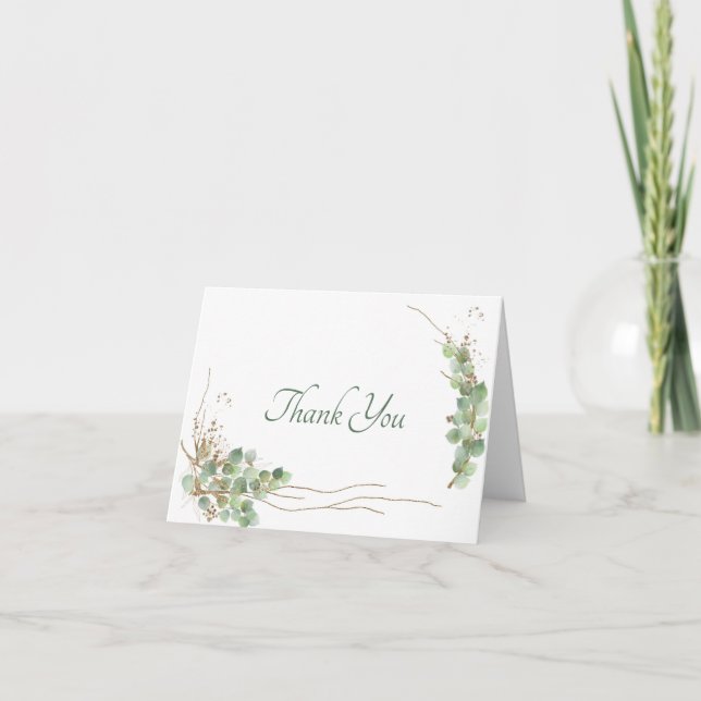 Watercolor Eucalyptus and gold Thank You Card (Front)