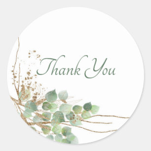Watercolor Eucalyptus and gold Thank You Classic Round Sticker