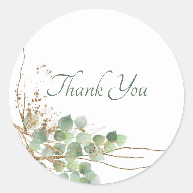 Watercolor Eucalyptus and gold Thank You  Classic  Round Sticker (Front)