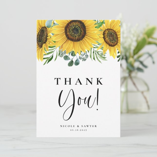 Watercolor Eucalyptus and Sunflowers Wedding Thank You Card (Standing Front)