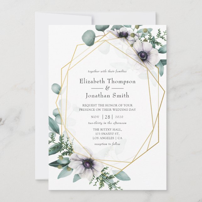Watercolor Eucalyptus Anemone Geometric Wedding Invitation (Front)