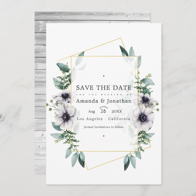 Watercolor Eucalyptus Anemone Geometric Wedding Save The Date (Front/Back)