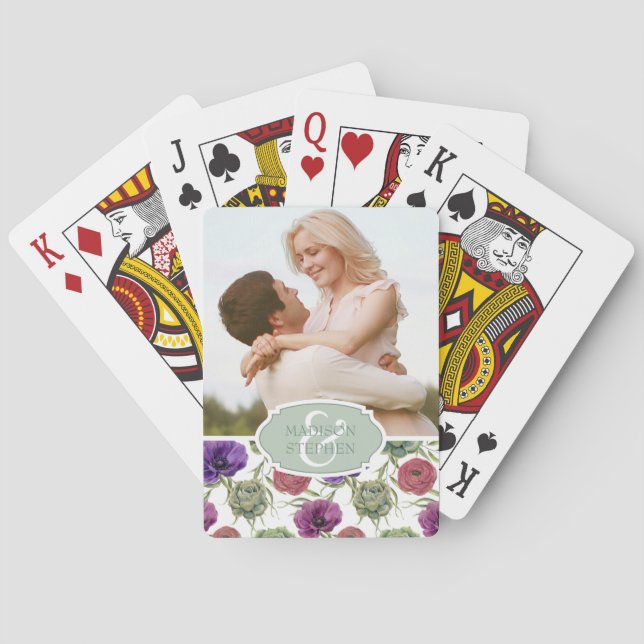 Watercolor | Eucalyptus & Anemone - Wedding Photo Playing Cards (Back)