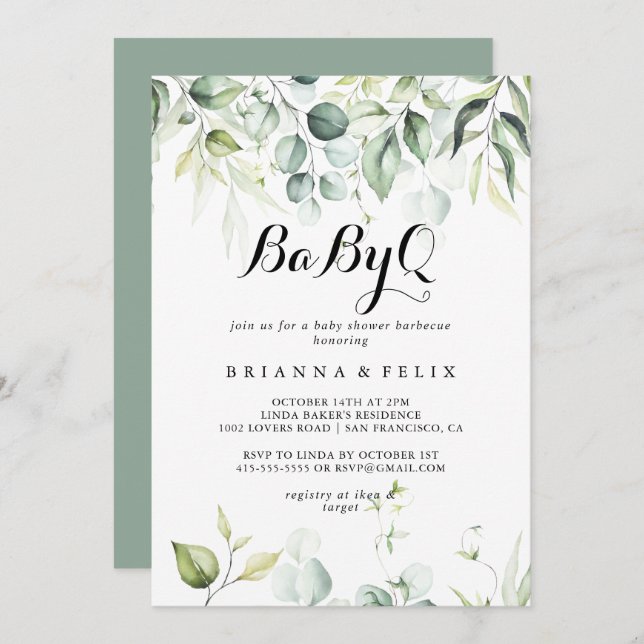 Watercolor Eucalyptus BabyQ Baby Shower Barbecue  Invitation (Front/Back)